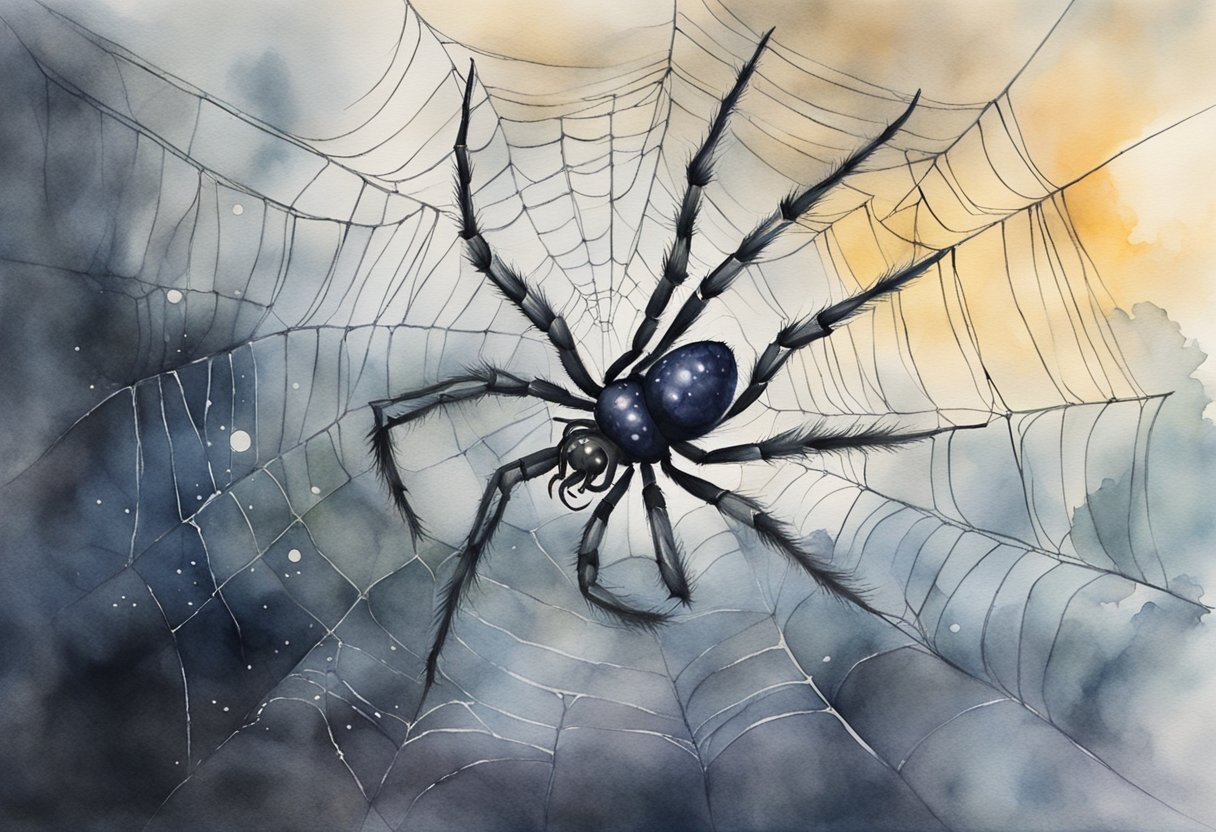 Eine Spinne, die aus einem dunklen, verworrenen Netz kriecht, umgeben von Nebel und Mondlicht