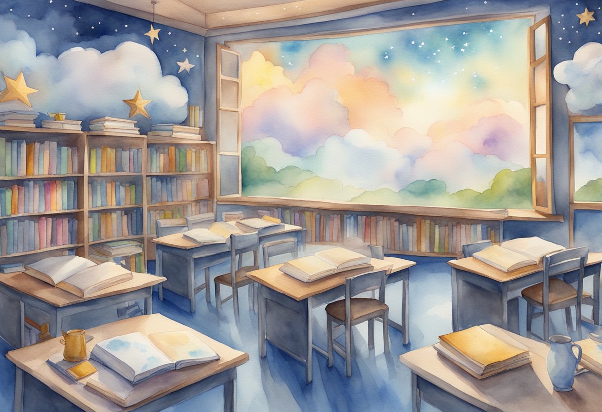 Ein Klassenzimmer mit traumbezogenen Bildern, wie Wolken, Sternen und offenen Büchern, ordentlich auf einem Tisch angeordnet.