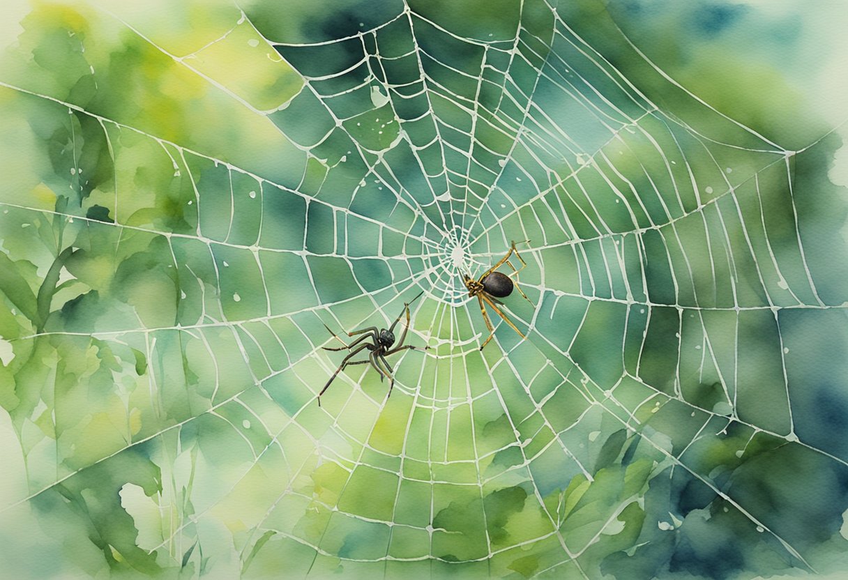 Eine Spinne, die in einer ruhigen, mystischen Umgebung ein Netz webt