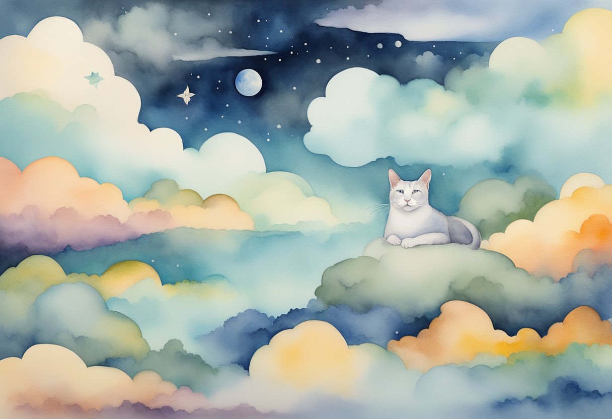 Eine Katze, die zwischen schwebenden Wolken und surrealen Landschaften träumt