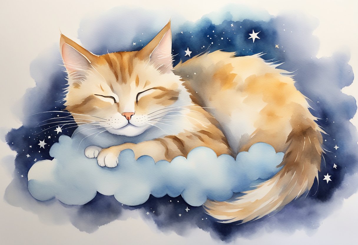 Eine Katze schläft friedlich auf einer flauschigen Wolke, umgeben von Sternen und Mondlicht.