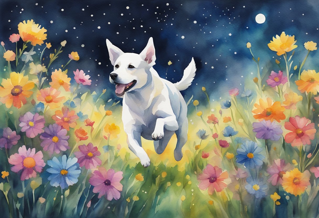 Ein Hund, der durch ein Feld mit bunten Blumen unter einem sternenklaren Himmel läuft.