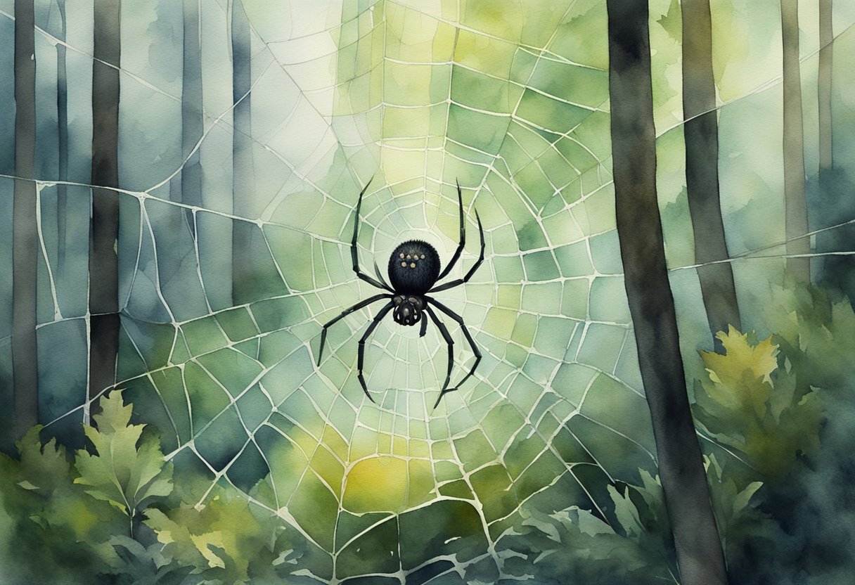 Eine Spinne, die durch ein Netz in einem schwach beleuchteten Wald krabbelt