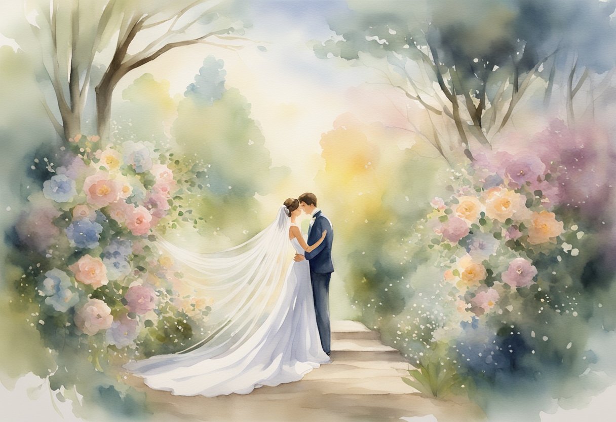 Eine traumhafte HochzeitsSzene mit einem fließenden Schleier, blühenden Blumen und einer romantischen Atmosphäre