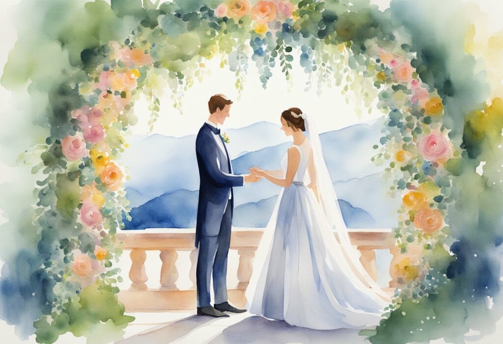 Hochzeitspaar unter Blumenbogen mit Bergblick