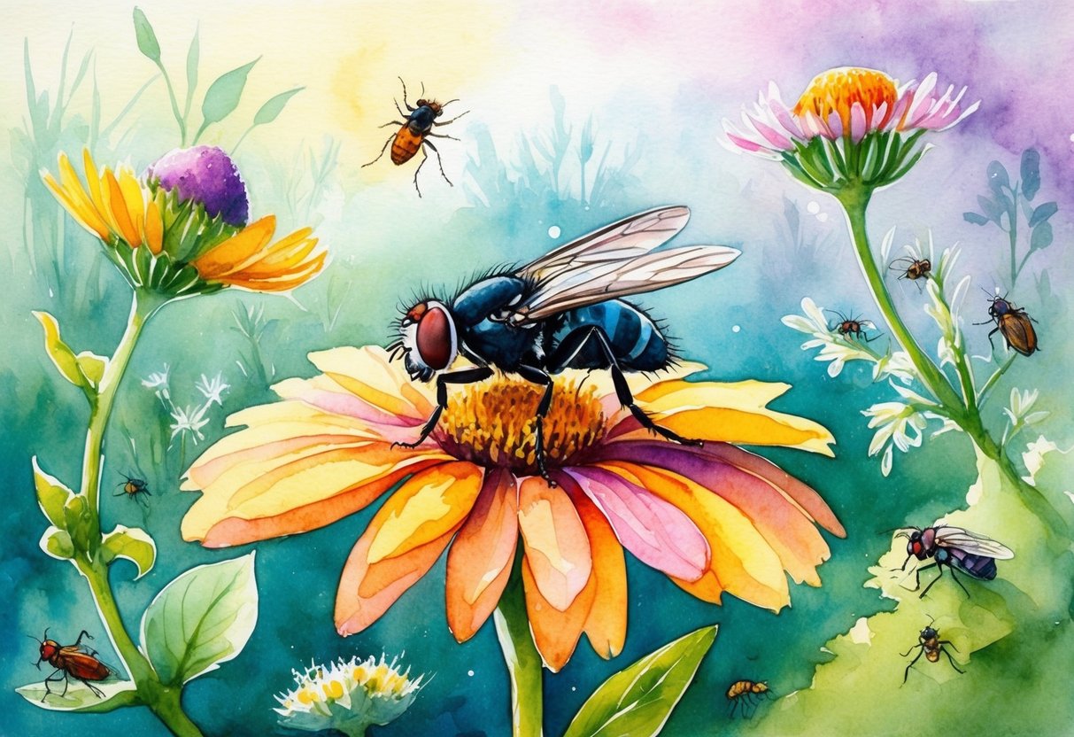 Eine Fliege, die auf einer bunten Blume ruht, umgeben von anderen Insekten und Pflanzen in einer traumhaften, surrealen Landschaft.