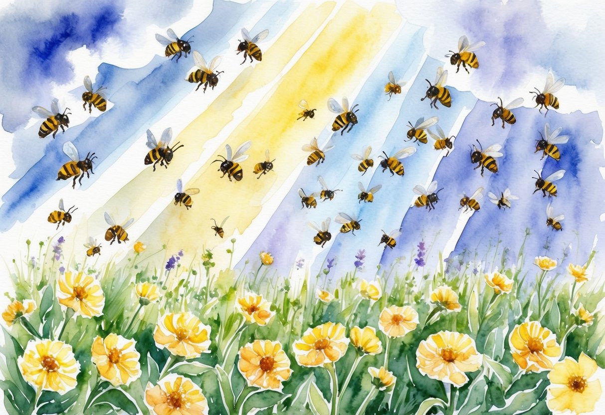 Ein Schwarm von Bienen fliegt auf ein Feld mit blühenden Blumen zu, während Sonnenstrahlen durch die Wolken darüber brechen.