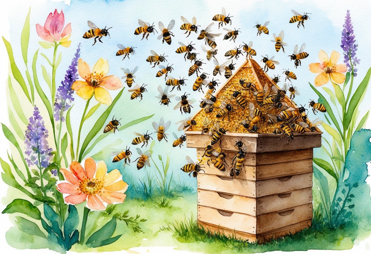 Ein Schwarm von Bienen, der um einen Bienenstock summt, mit Blumen und Pflanzen im Hintergrund, symbolisiert die Verbindung zwischen Bienen und Arbeitsleben in der Traumdeutung.