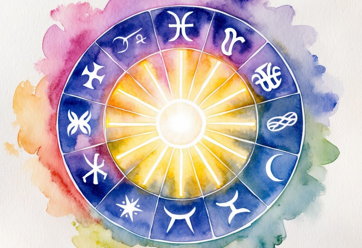 Ein Kreis von Zodiac-Symbolen, der Energie ausstrahlt, mit den 5 mächtigsten Zeichen, die im Zentrum hell leuchten.