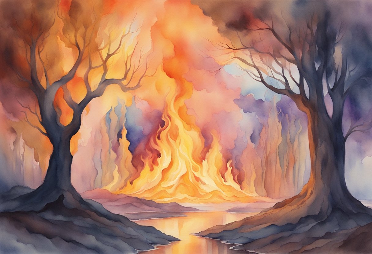 Aquarellabend mit Bäumen und Flammen.