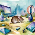 Maus in surrealer Landschaft mit geometrischen Formen.