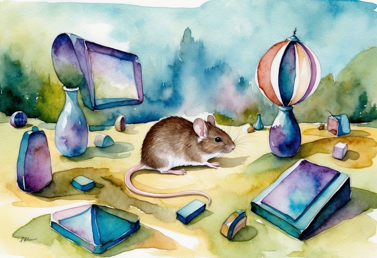 Maus in surrealer Landschaft mit geometrischen Formen.