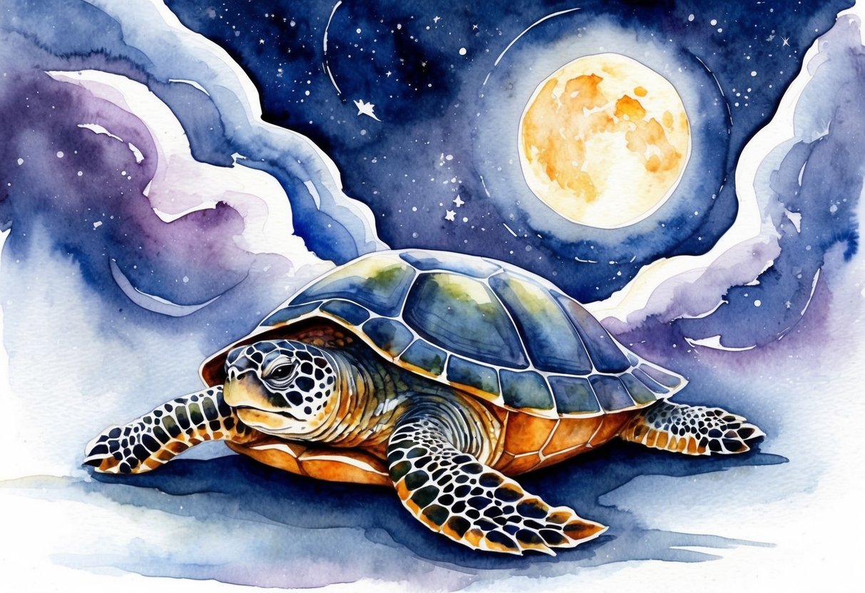 Schildkröte unter Mond und Sternenhimmel gemalt