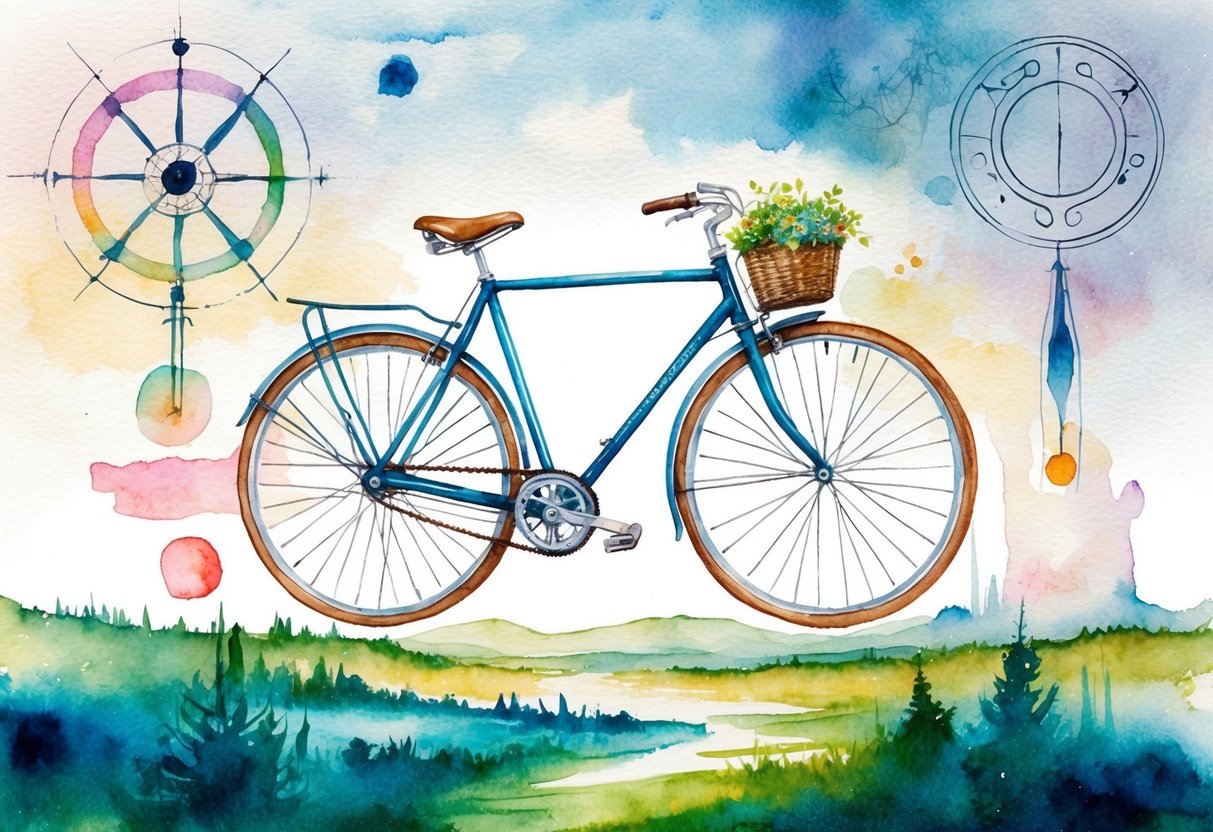 Ein Fahrrad schwebt in einer traumhaften, surrealen Landschaft, umgeben von abstrakten Symbolen und Bildern.