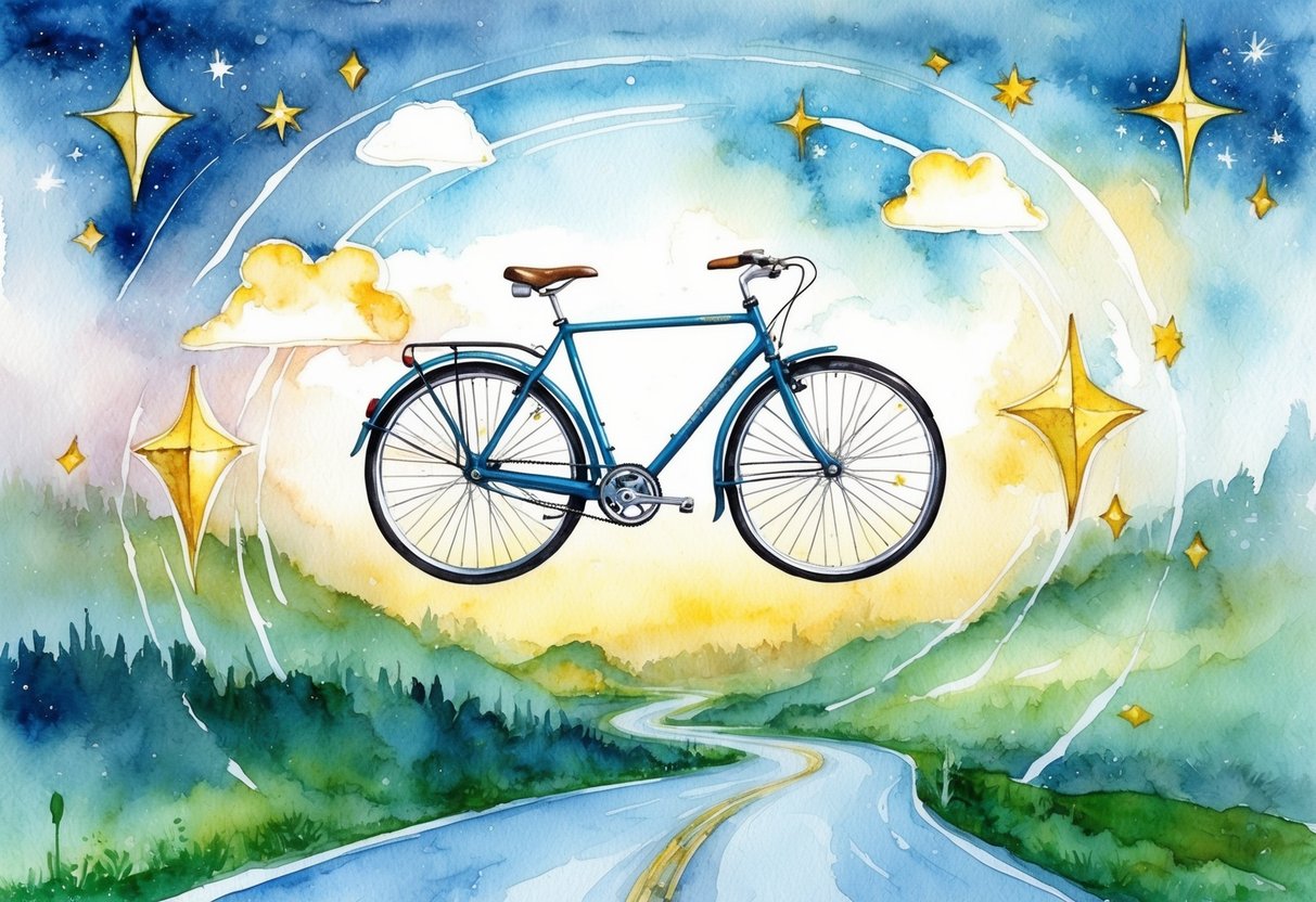 Ein Fahrrad, das in einer traumhaften, surrealen Landschaft schwebt, umgeben von symbolischen Elementen wie Sternen, Wolken und einer gewundenen Straße.