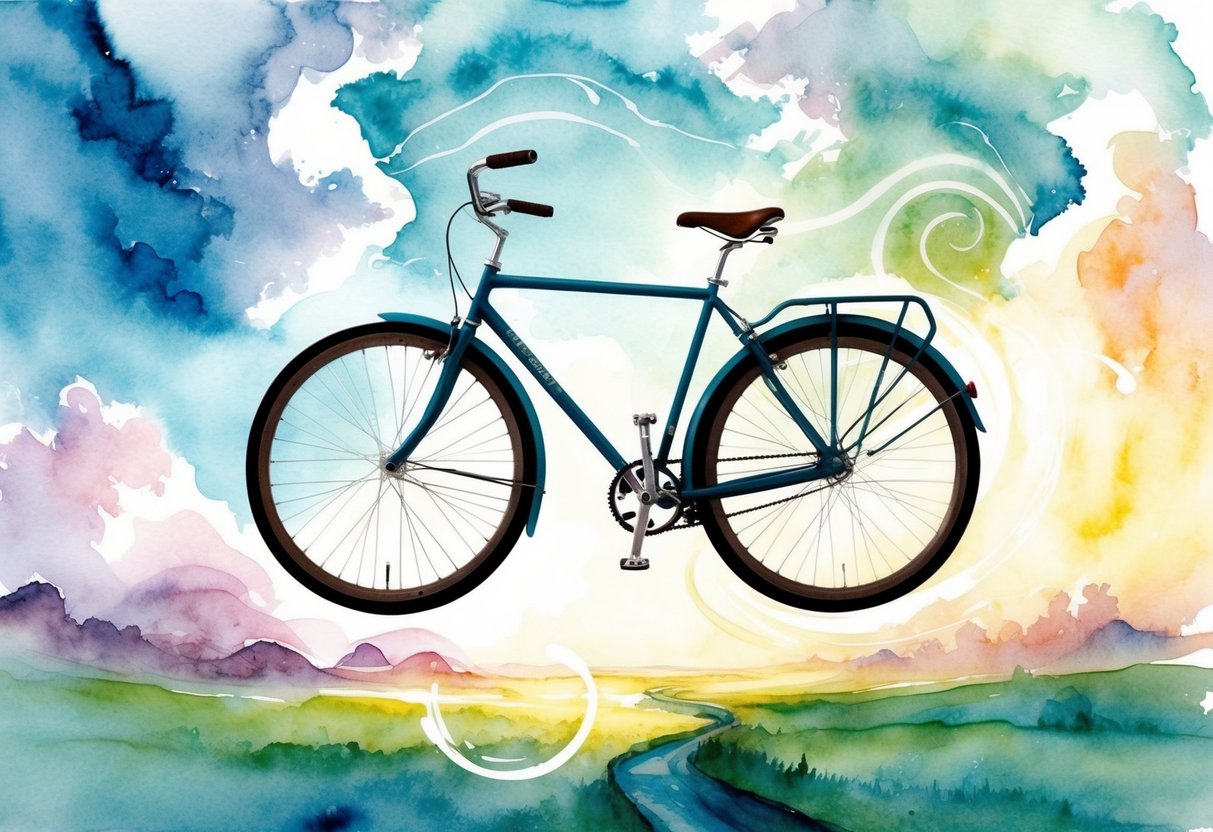 Ein Fahrrad, das in einer traumhaften, surrealen Landschaft schwebt, umgeben von wirbelnden Wolken und einer leuchtenden, ätherischen Aura.