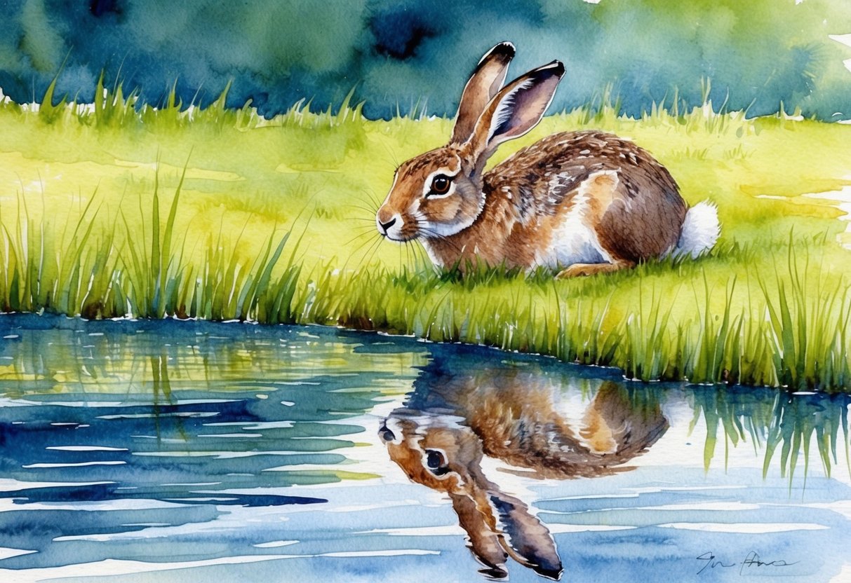 Ein gelassener Hase blickt in einen ruhigen Teich, der sein emotionales und spirituelles Selbst widerspiegelt.