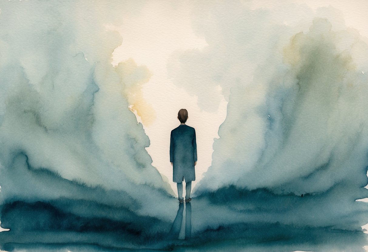 Mensch im Nebel, Aquarelllandschaft