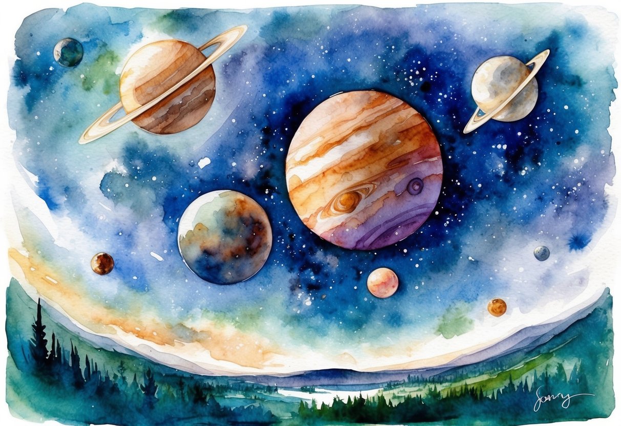 Eine kosmische Landschaft mit Jupiter und Saturn in unmittelbarer Nähe, umgeben von Himmelskörpern und einem Gefühl von Größe.