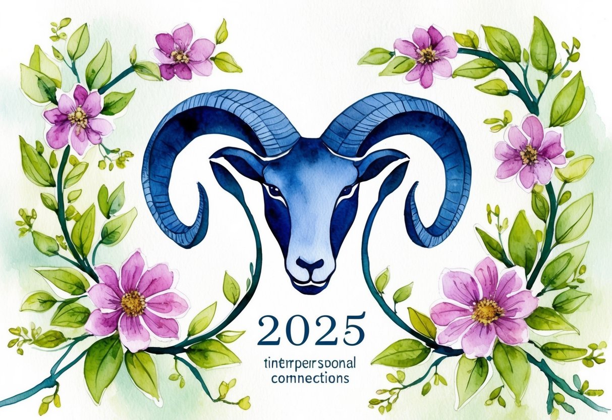 Ein Widder-Symbol, umgeben von blühenden Blumen und Ranken, das spirituelles Wachstum und starke zwischenmenschliche Verbindungen für das Jahr 2025 darstellt.