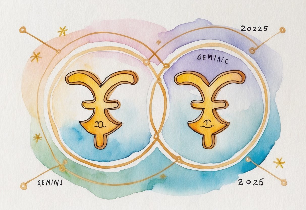 Eine Gruppe von zwei Zwillings-Sternzeichen-Symbolen, umgeben von miteinander verbundenen Linien, die soziale Beziehungen und Freundschaft im Jahr 2025 darstellen.