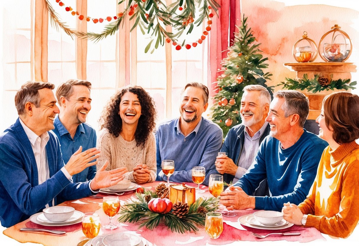 Eine Gruppe von Menschen, die lachen und sich unterhalten bei einem Familientreffen, umgeben von warmen und gemütlichen Dekorationen.