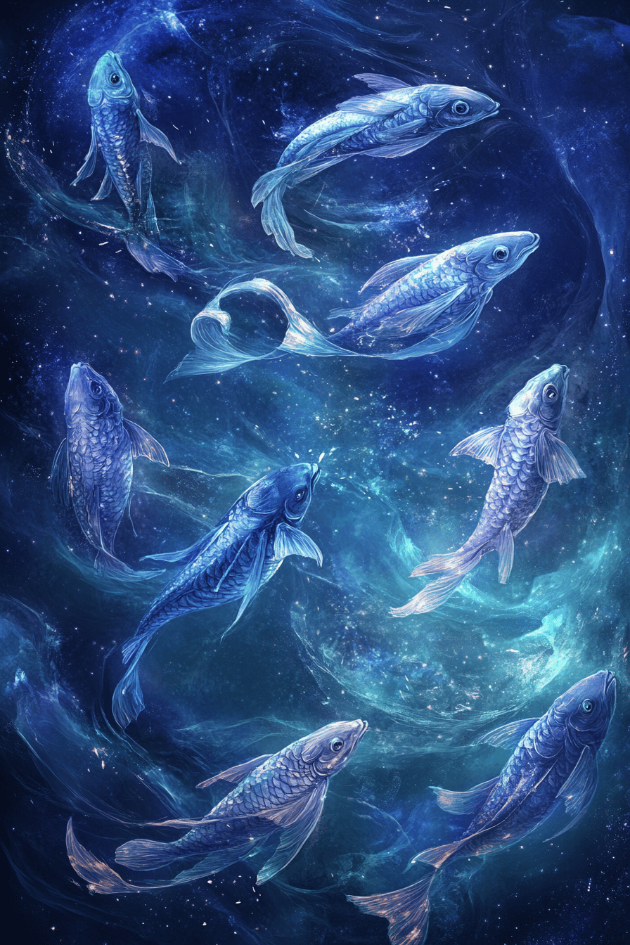 Illustration von Fischen im stilisierten Sternenhimmel.