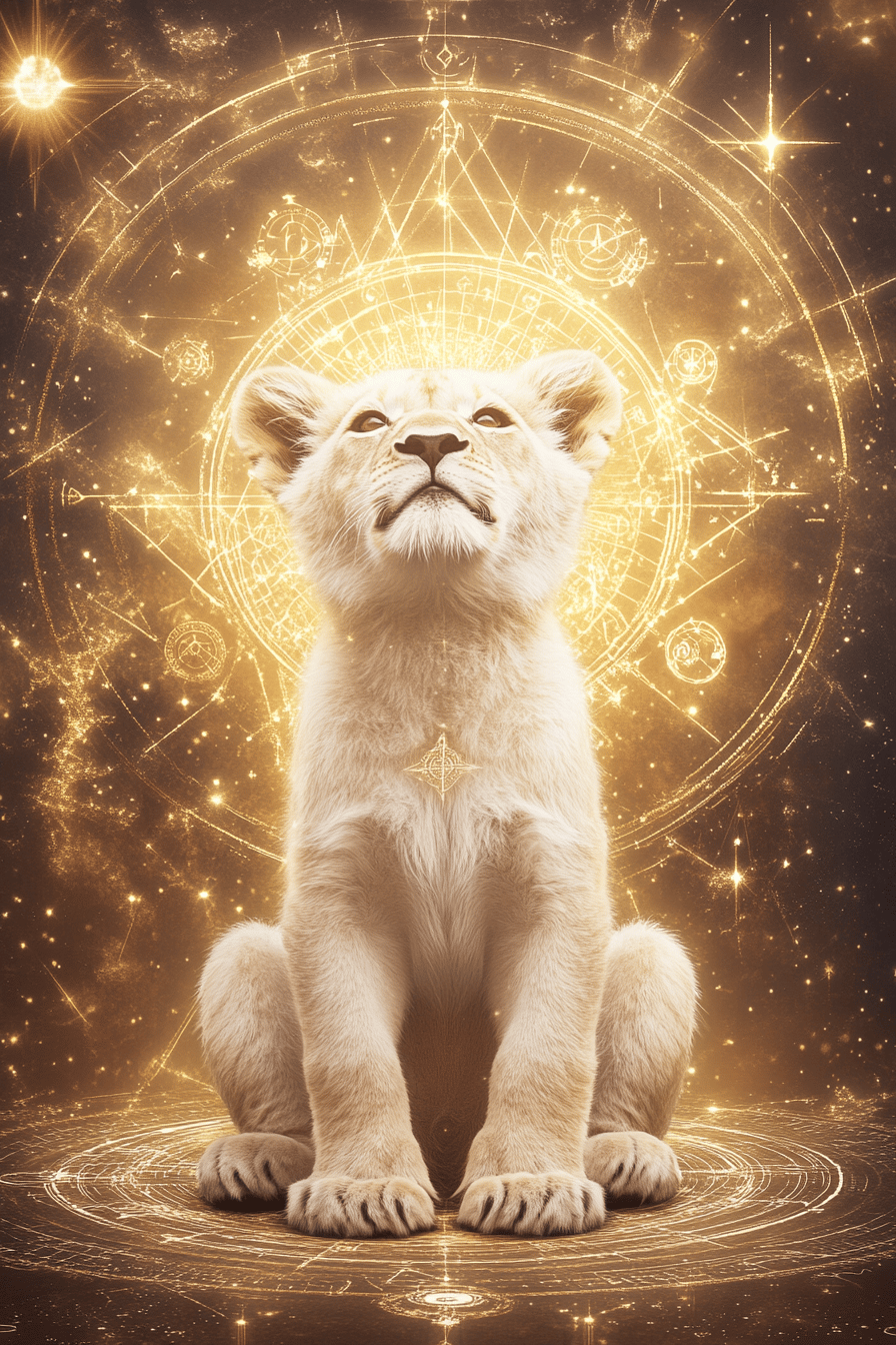 Ein majestätisches Löwenjunges mit einem symbolischen Hintergrund aus Sternen und astrologischen Zeichen.