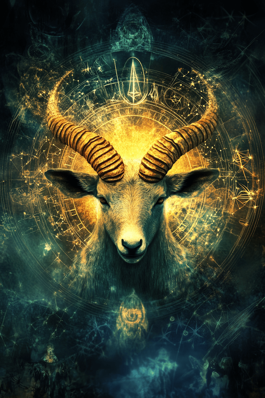 Ein majestätischer Steinbock vor einem astrologischen Hintergrund.