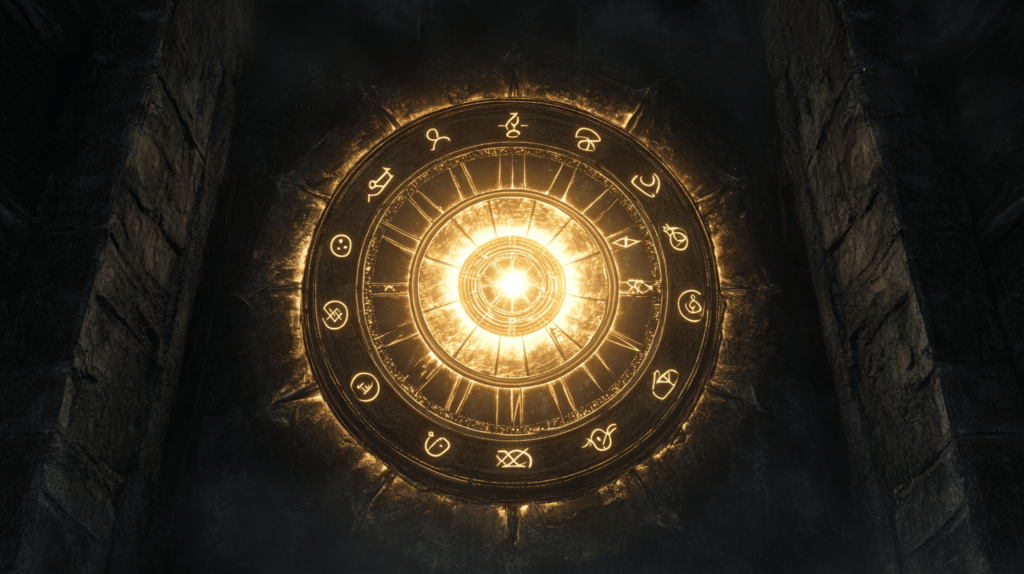Leuchtendes mystisches Symbol an einer Wand
