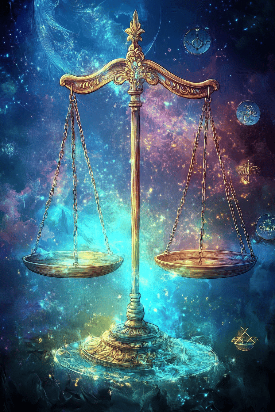 Kunstvolle Darstellung einer goldenen Waage im Weltraumhintergrund mit Sternzeichen.
