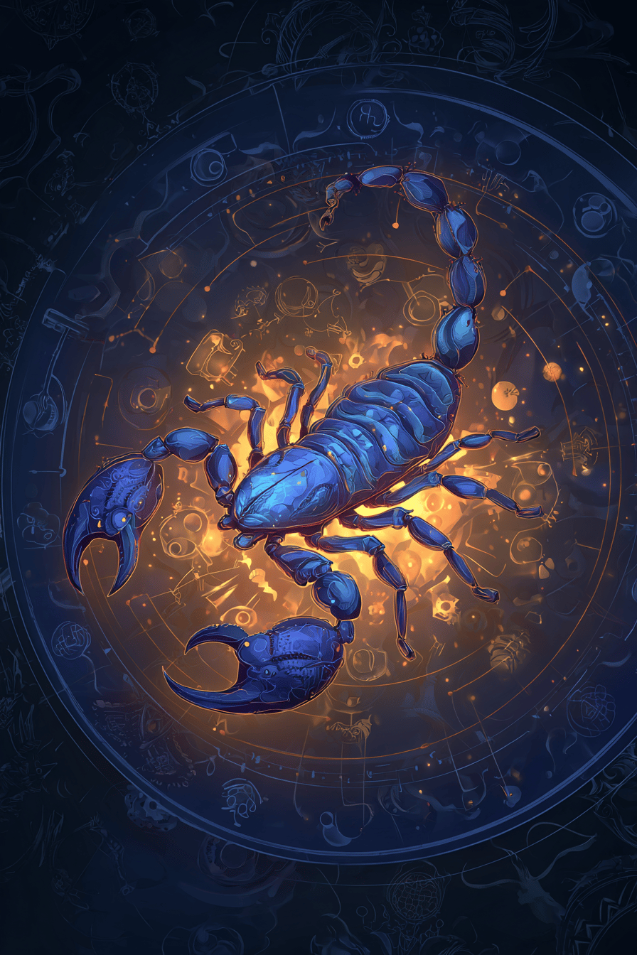 Ein leuchtend blauer Skorpion in einem goldenen astrologischen Kreis.